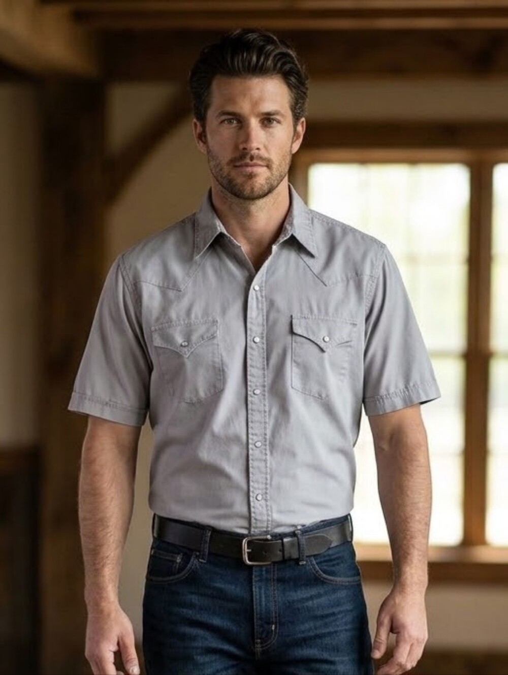 Ely Cattleman Mens Large Pearl Snap Shirt Short Sleeve Gray Western